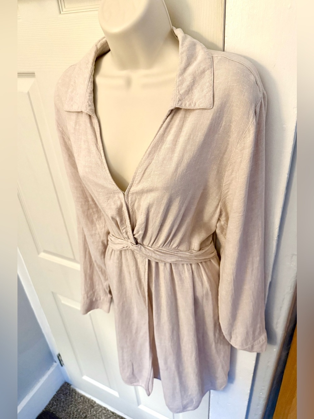 Joie Linen Twist-Front Wrap Style Mini Shirtdress Beige XL POCKETS